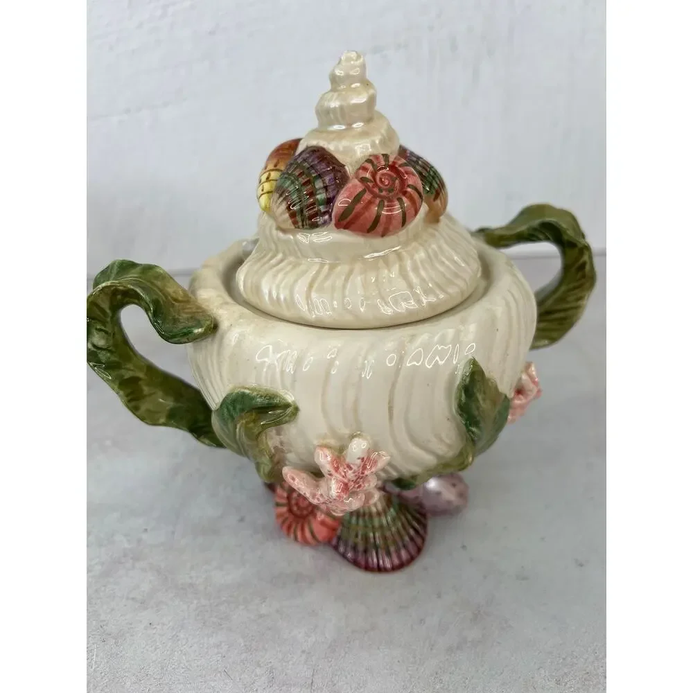 Fitz and Floyd Handcrafted Oceana Sugar/ Condiment Bowl/ Seashell w/ Coral Ferns